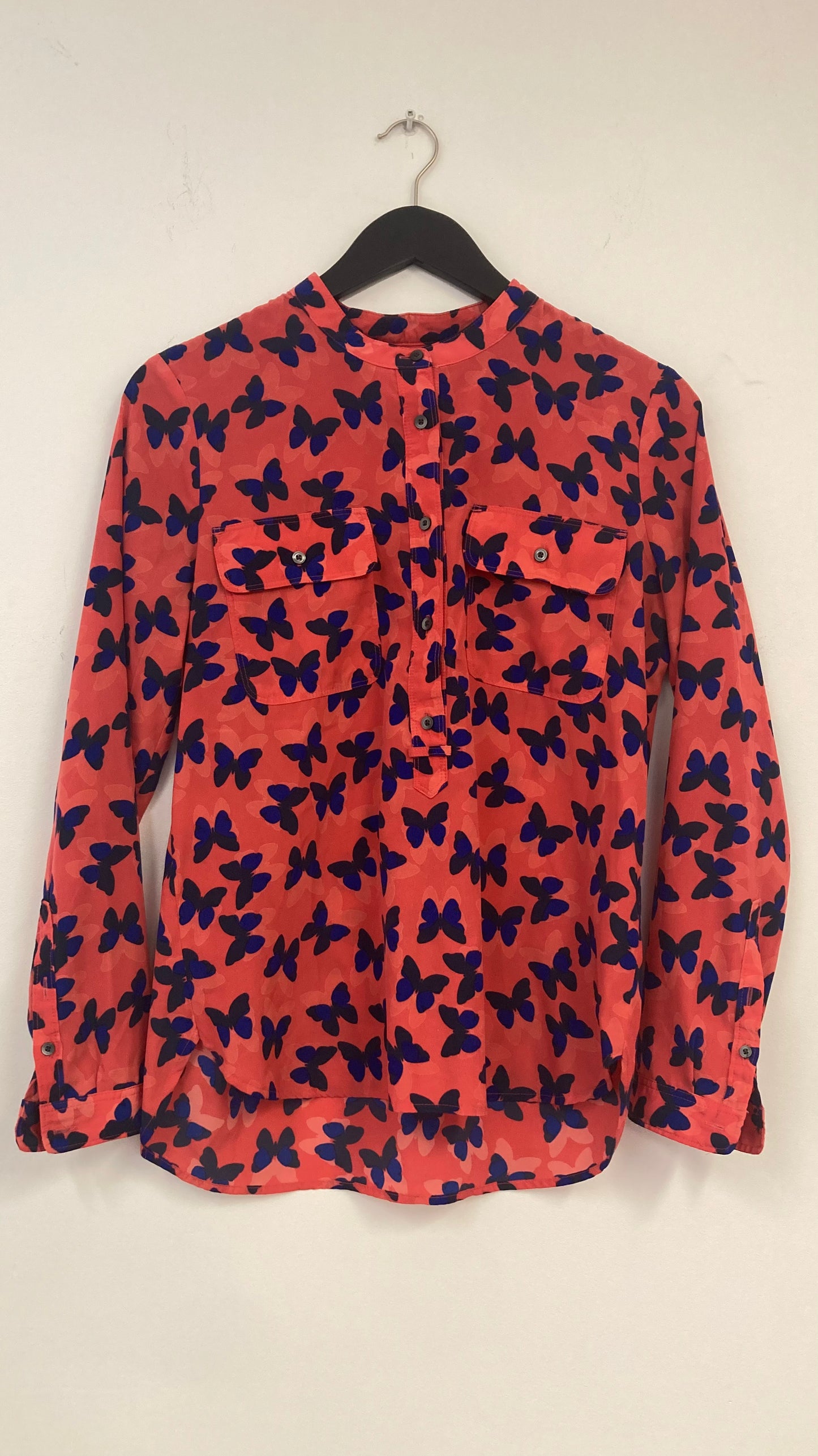 Pink and Blue Butterfly Print Long Sleeve Button Up