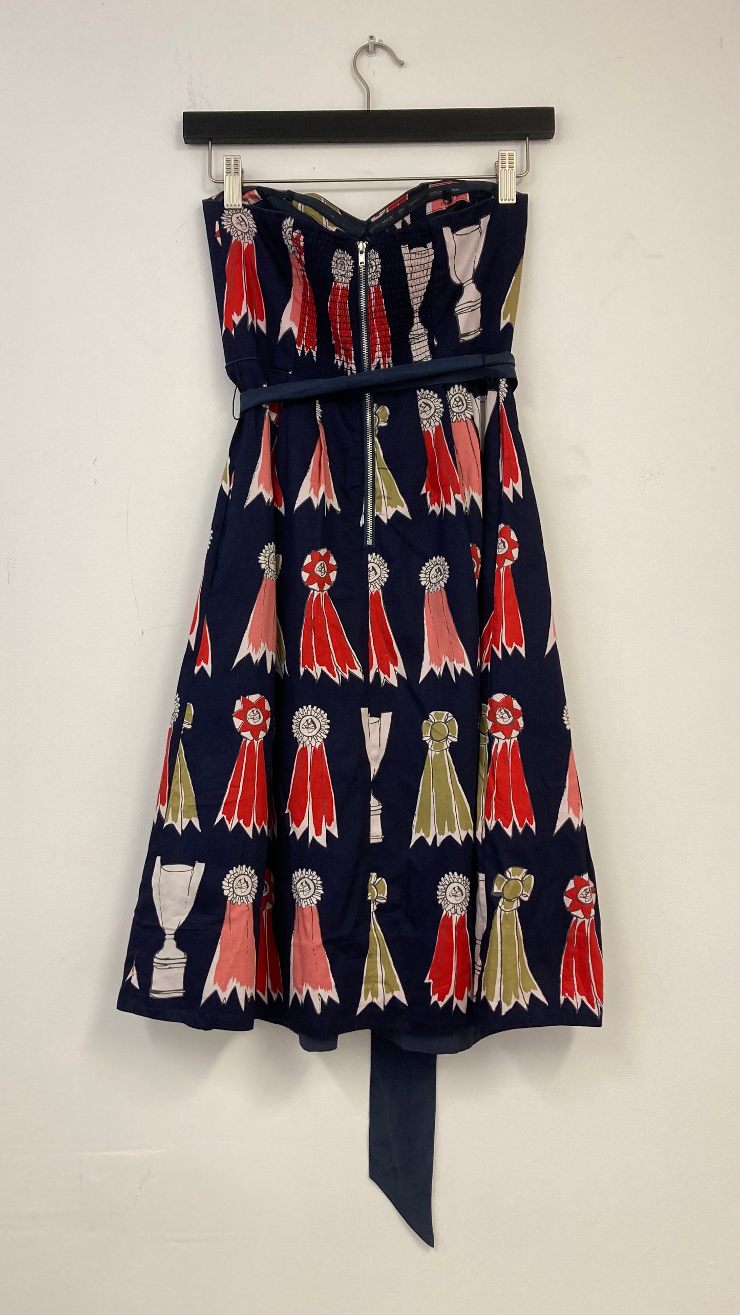 Strapless Navy Blue Ribbon Print Midi Dress