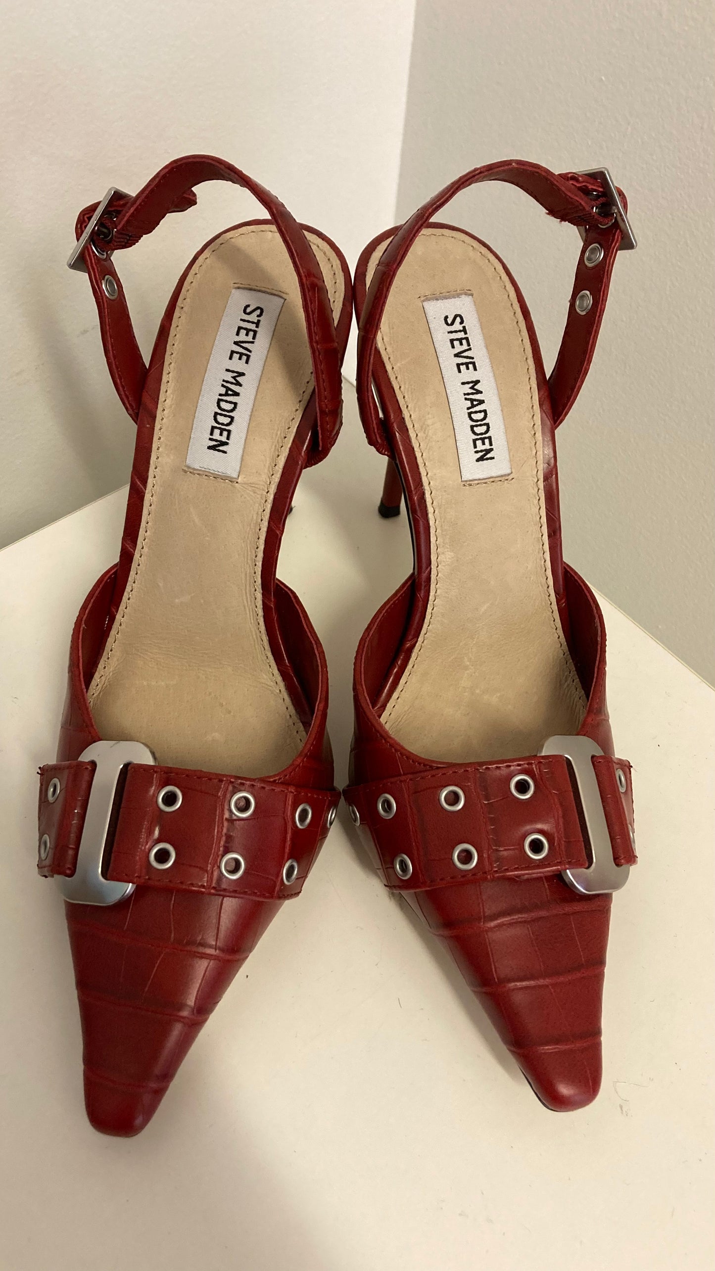 Red Buckled Stilettos'