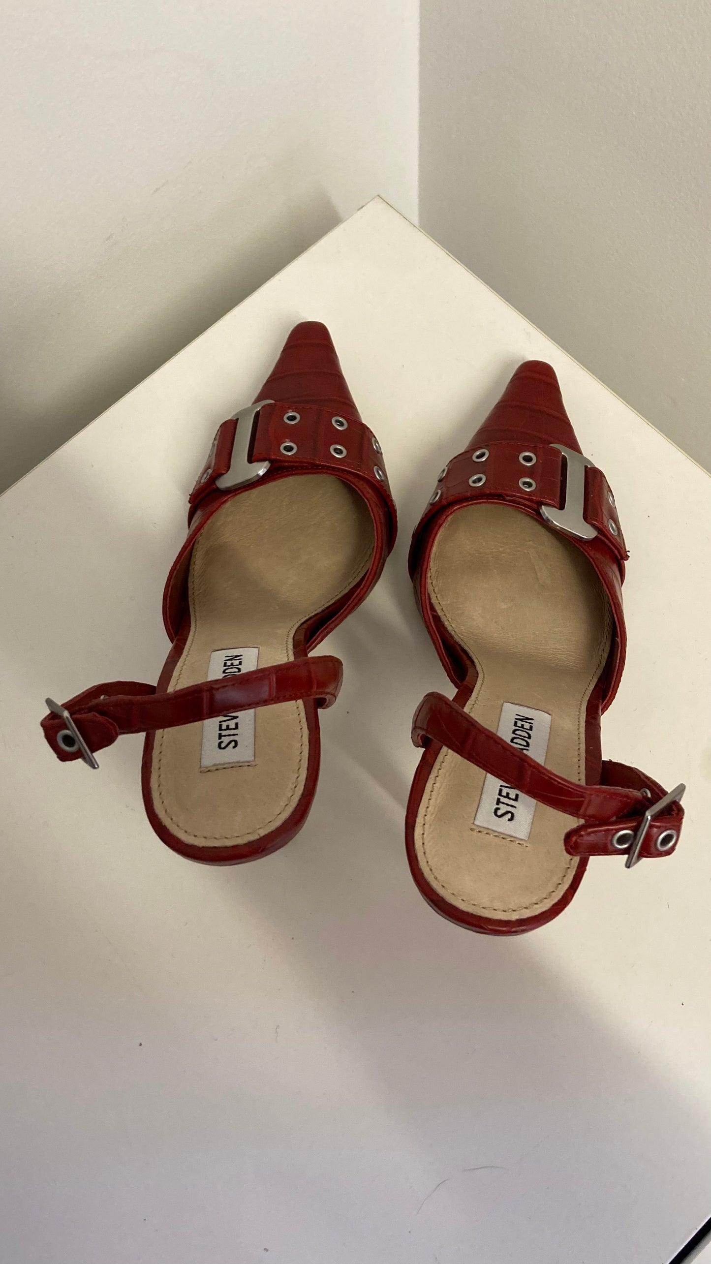 Red Buckled Stilettos'