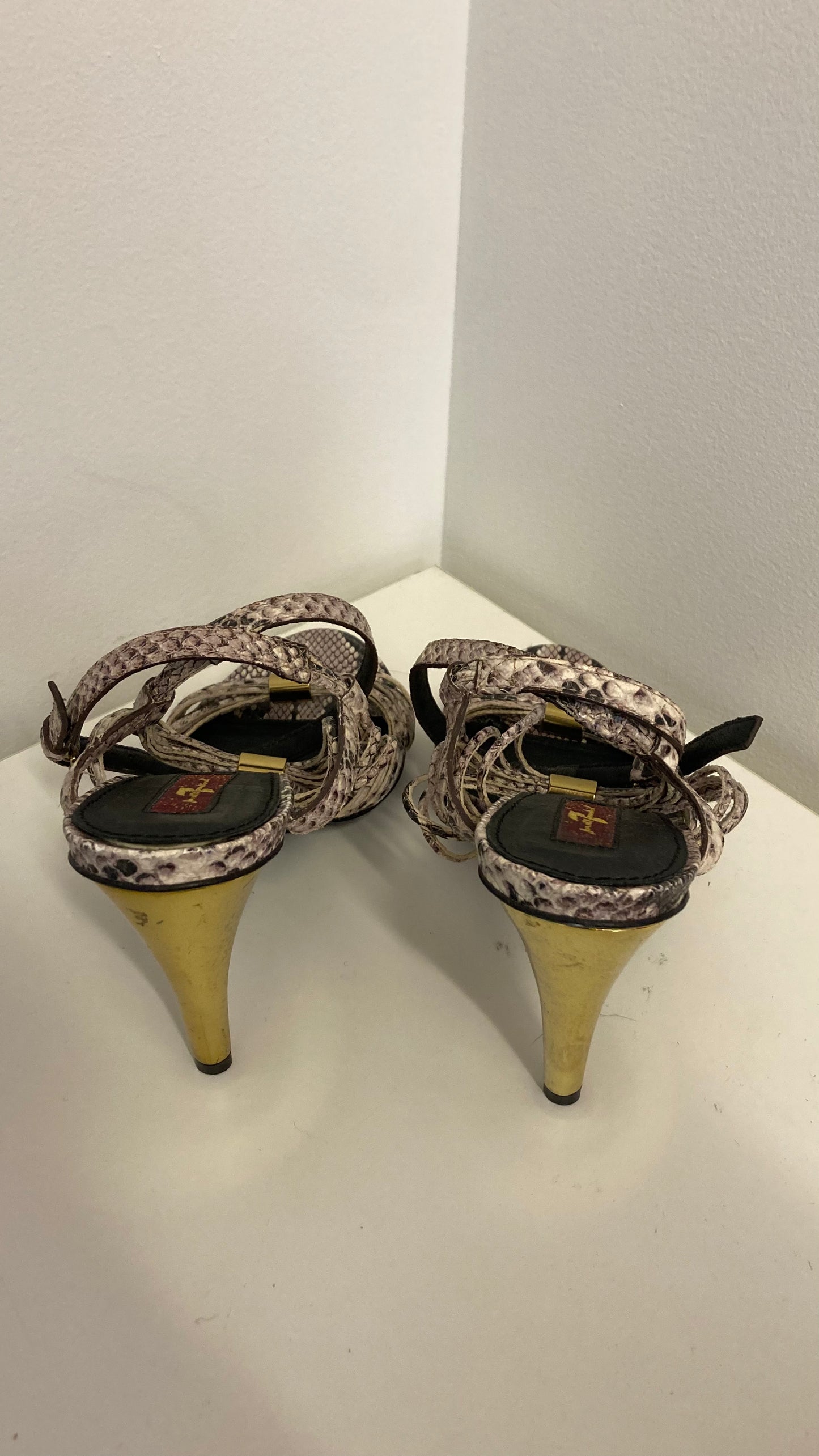 Snake Skin Strappy Gold Heels