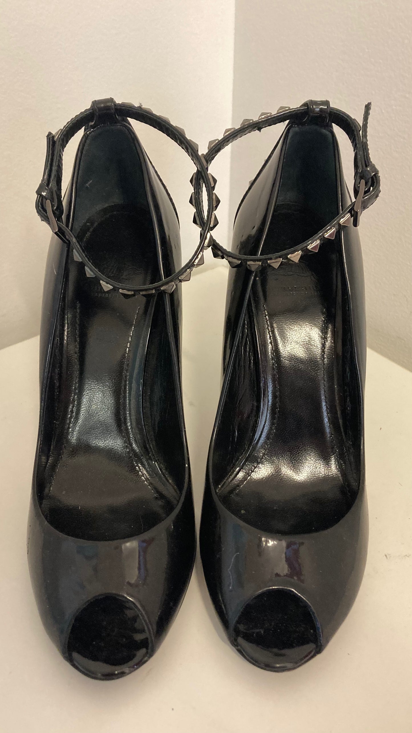 Black Patent Leather Studded Open Toe Heel