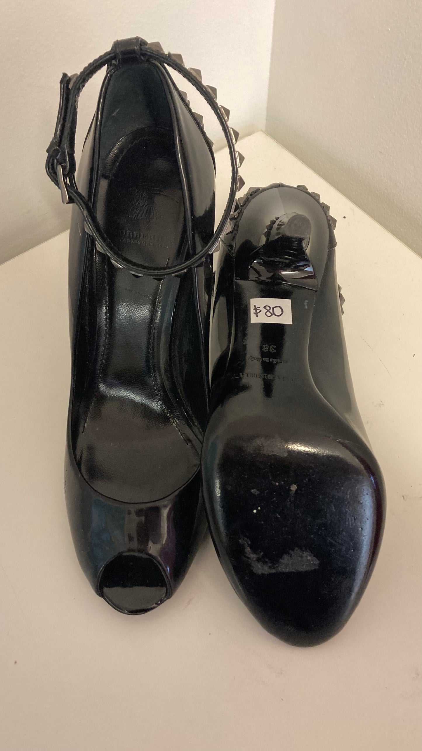 Black Patent Leather Studded Open Toe Heel
