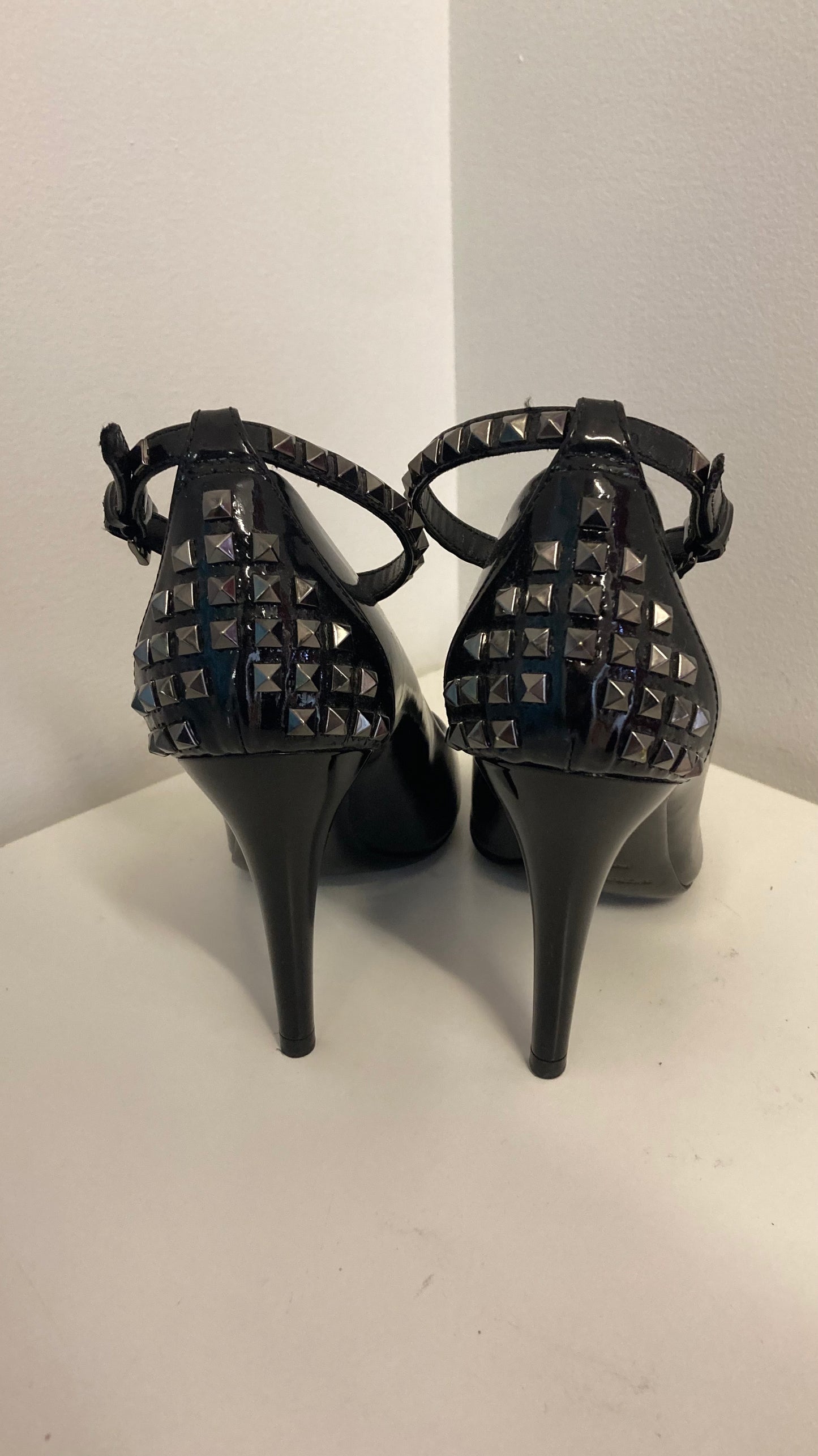 Black Patent Leather Studded Open Toe Heel