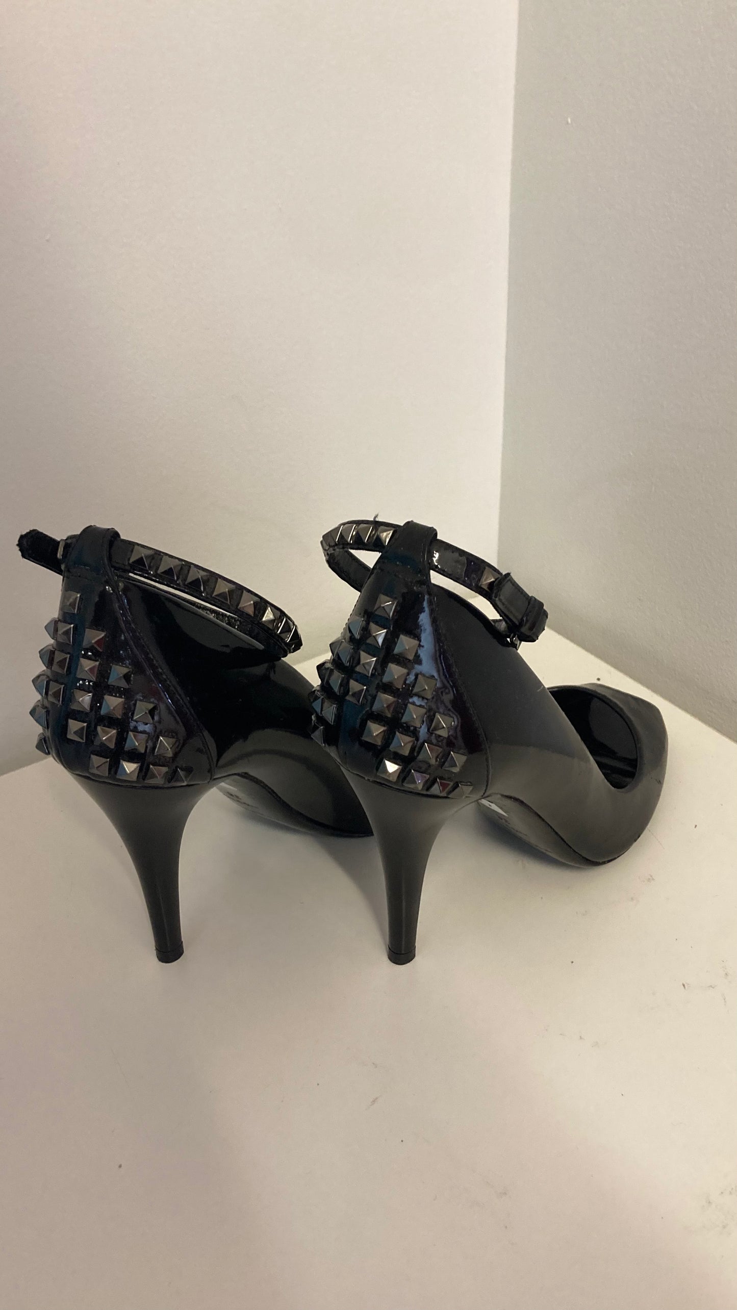 Black Patent Leather Studded Open Toe Heel