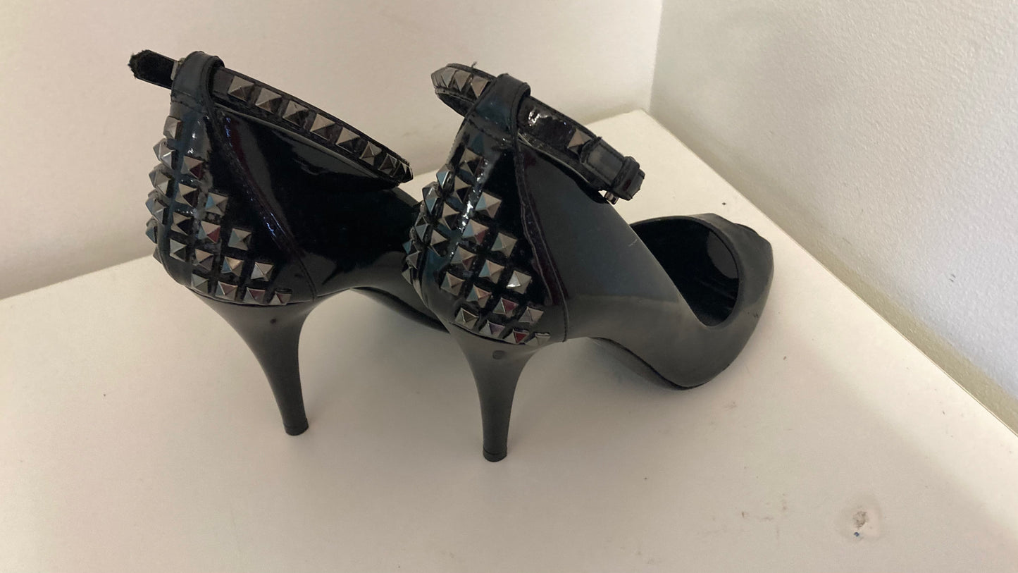 Black Patent Leather Studded Open Toe Heel