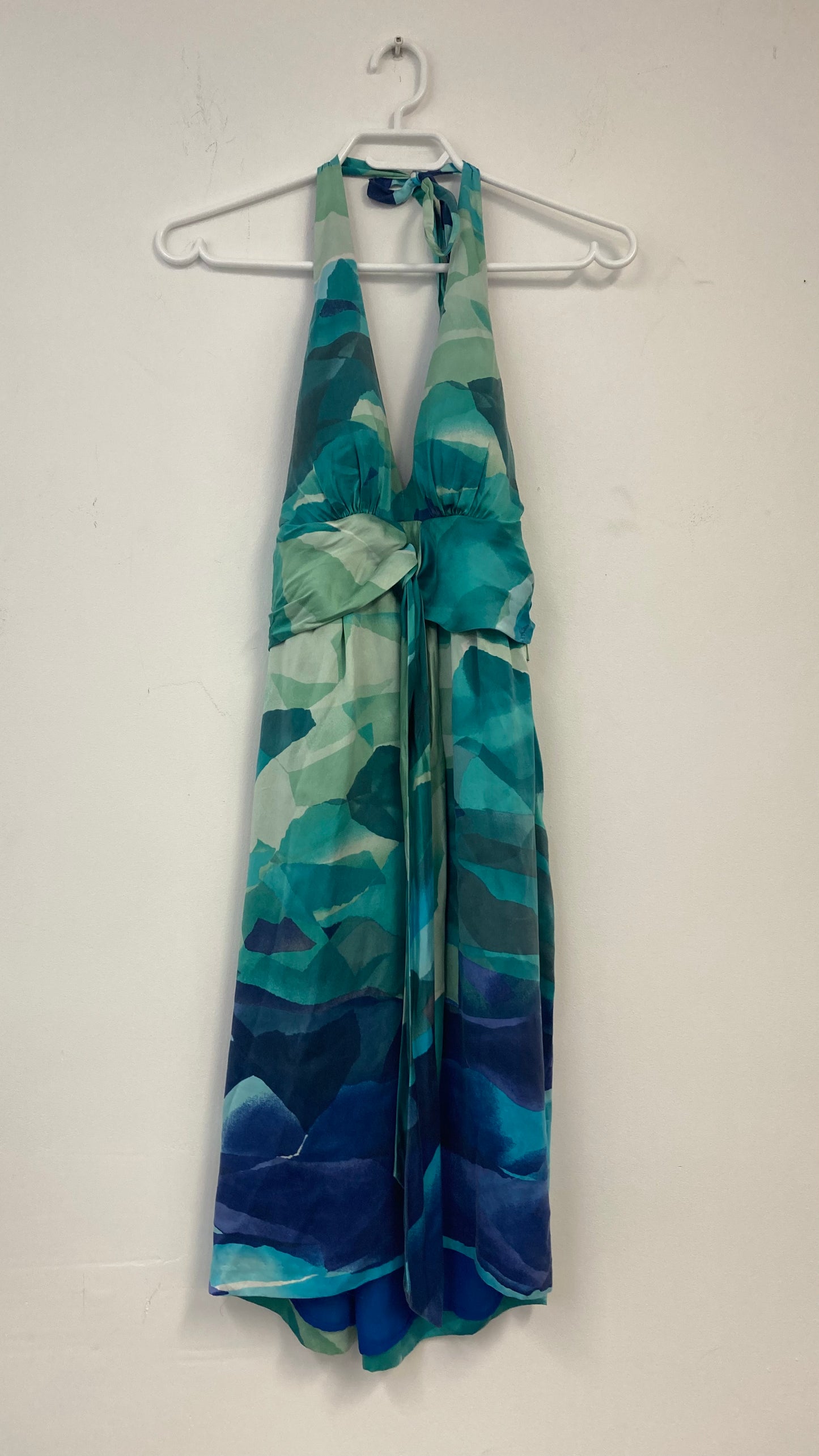 100% Silk Turquoise and Blue Halter Neck Dress