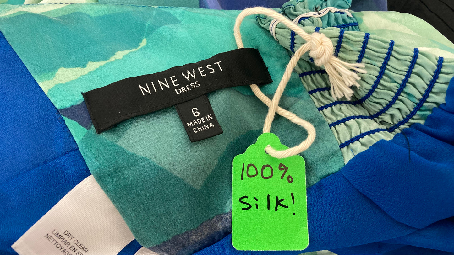 100% Silk Turquoise and Blue Halter Neck Dress