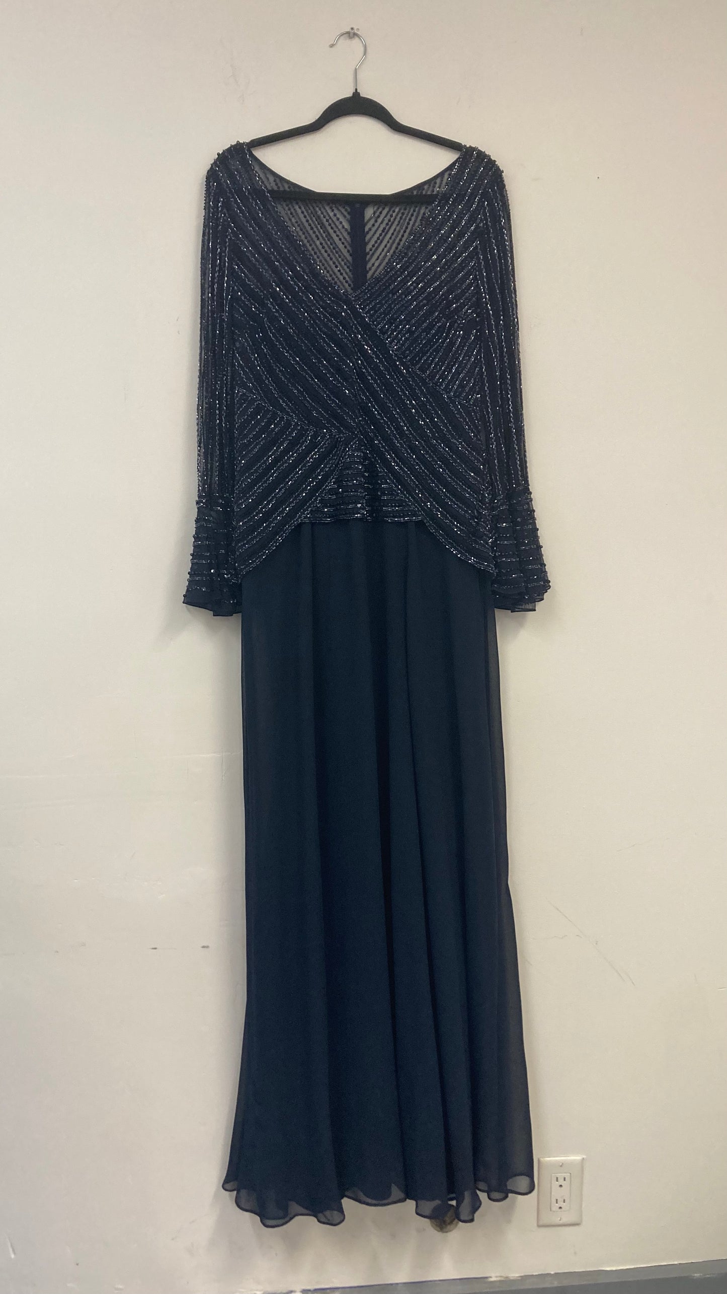 Navy Blue Sheer Sequined Maxi Dress With Flowy Sleeves