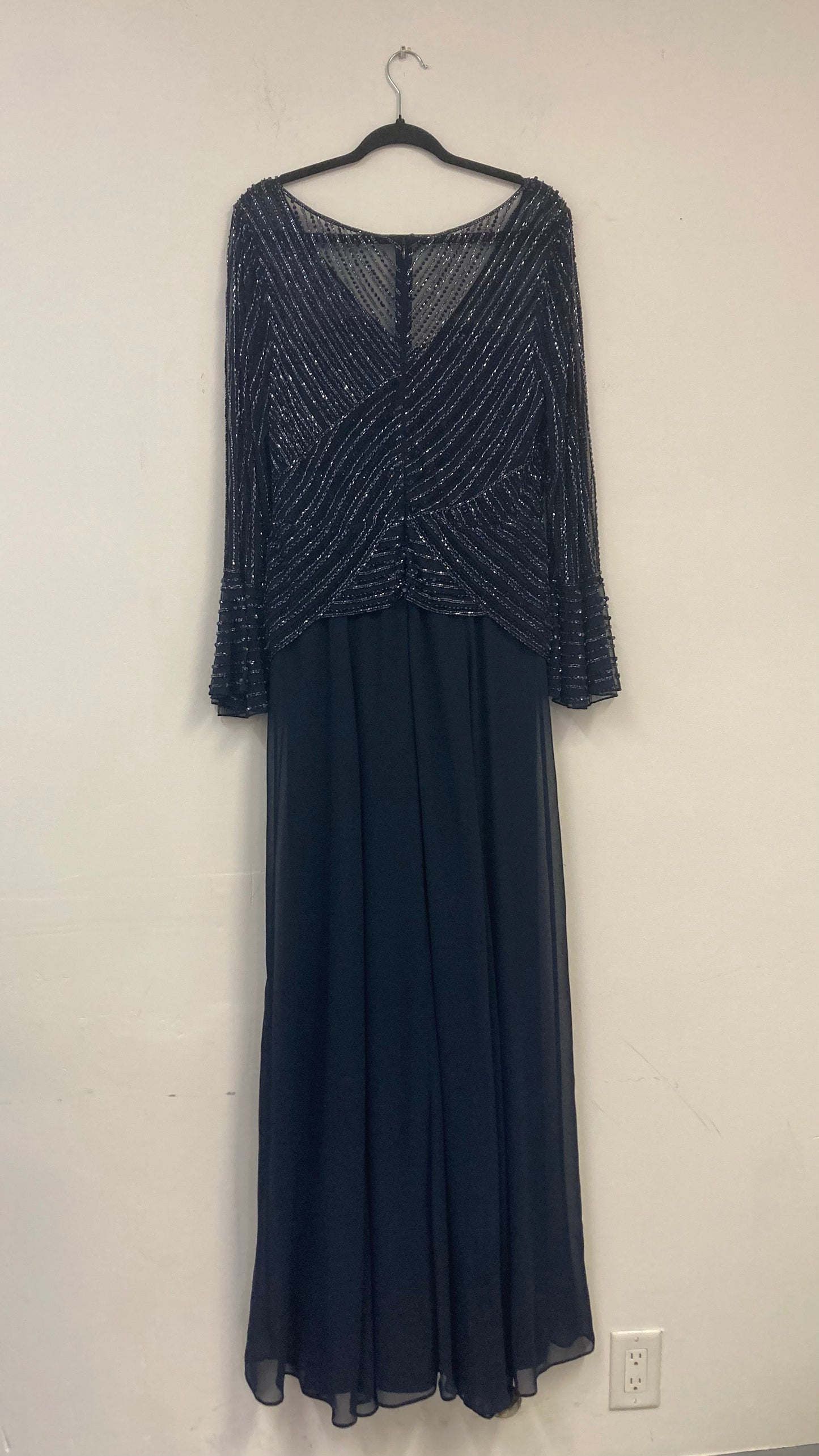 Navy Blue Sheer Sequined Maxi Dress With Flowy Sleeves