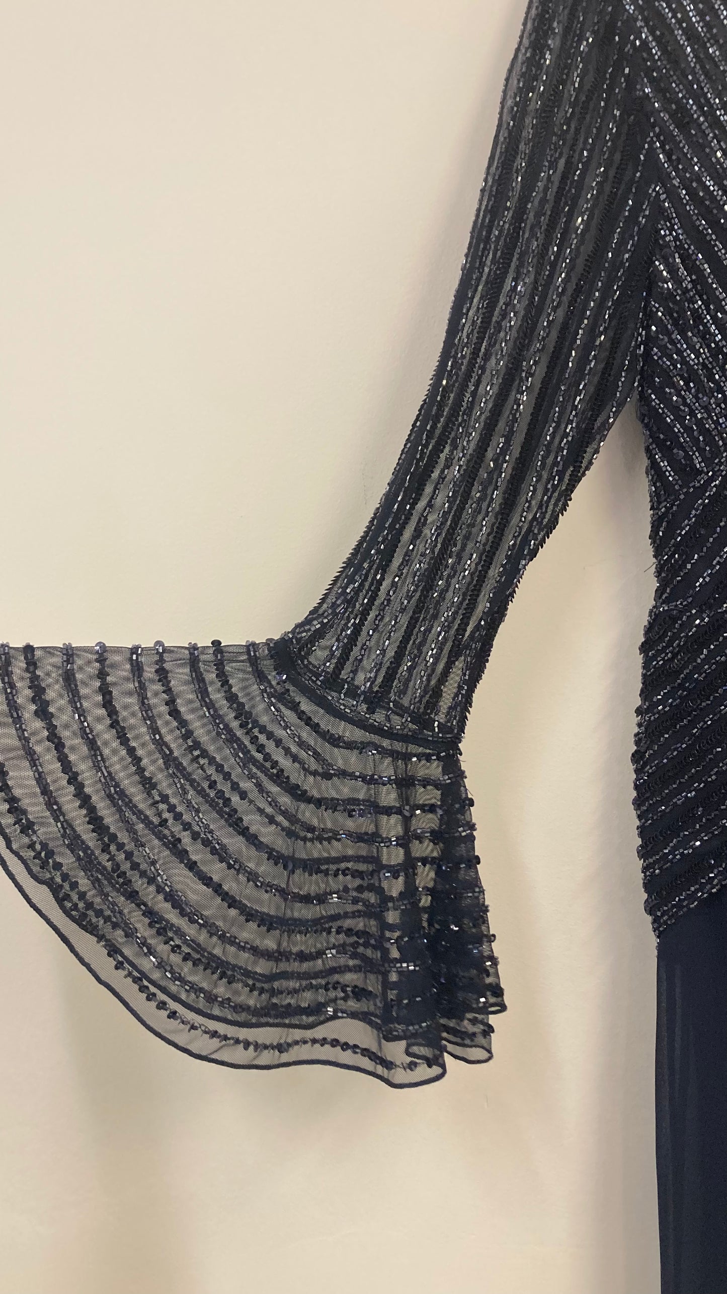 Navy Blue Sheer Sequined Maxi Dress With Flowy Sleeves