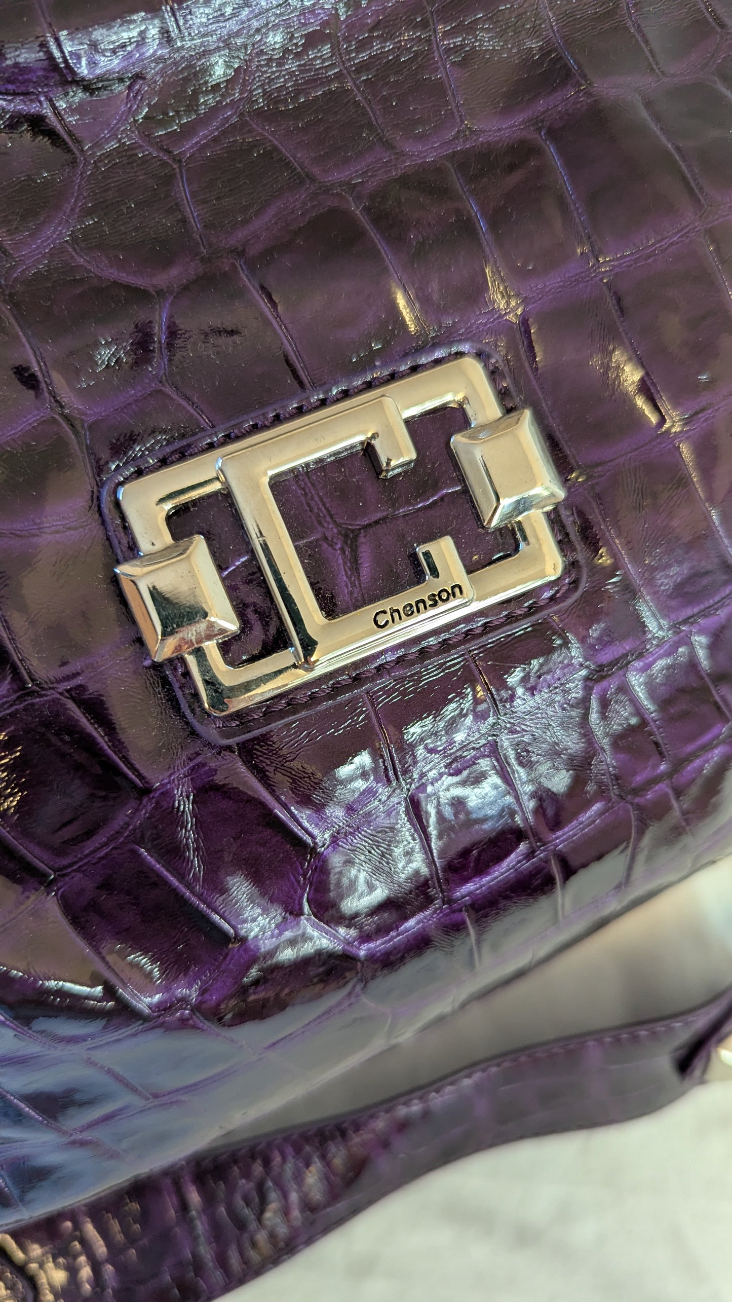 Chenson Purple Croc-Embossed Patent Leather Handbag