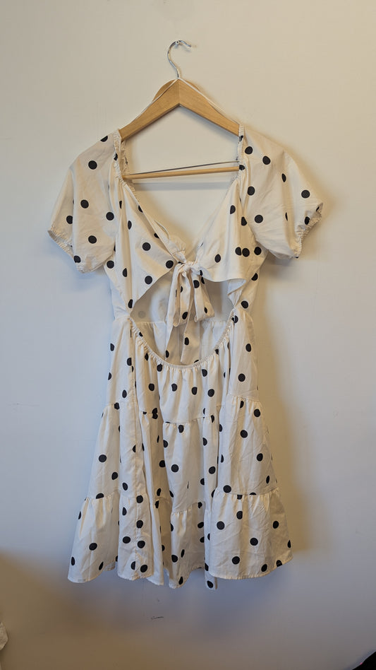 MORRISDAY THE LABEL Polka Dot Cutout Tie Back Tiered Dress L