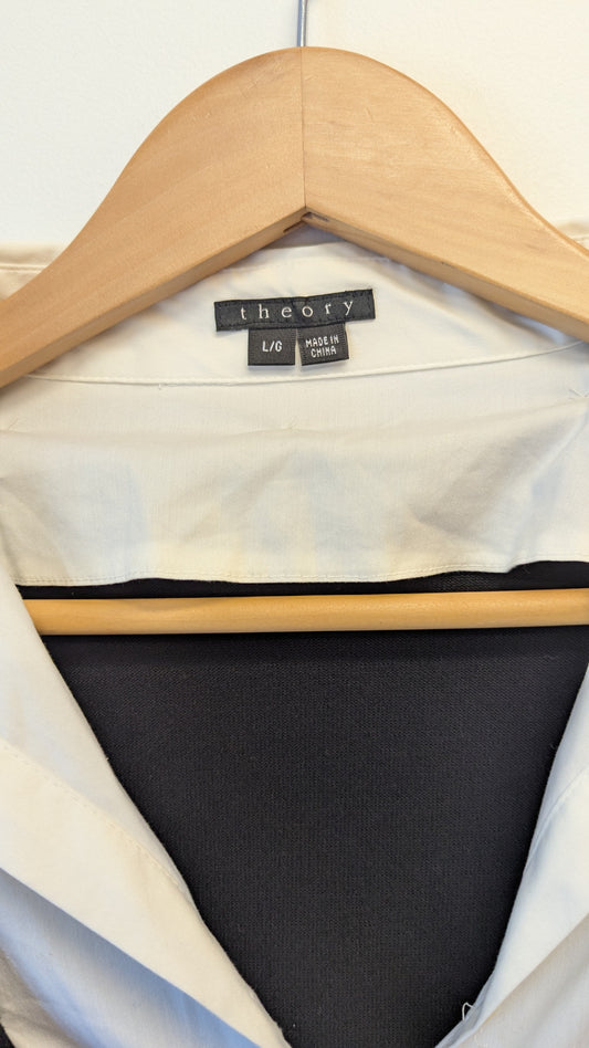 Theory black white faux shirt wrap top L/G