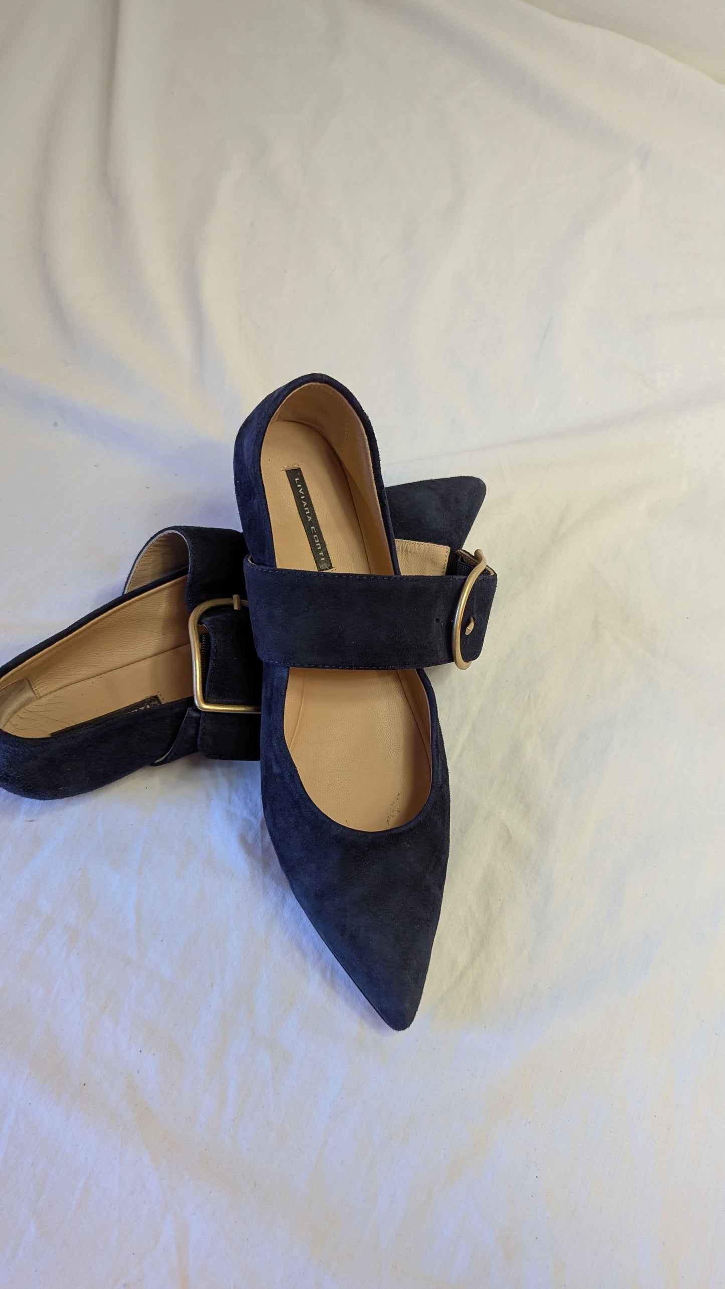 Liviana Conti Navy Blue Suede Mary Jane Flats Buckle, Size 7