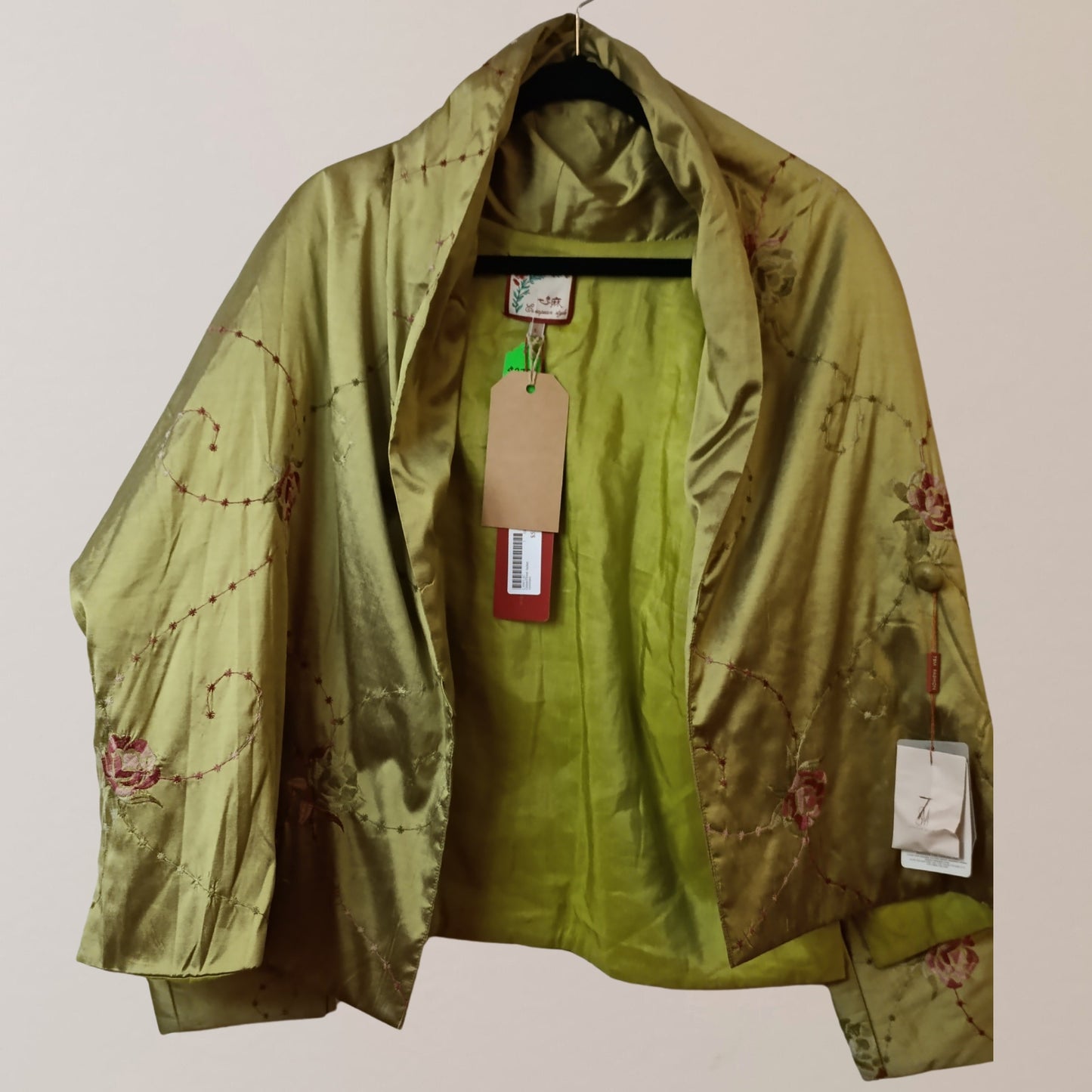 Vintage European Style Jacket Large 100% Silk, Green