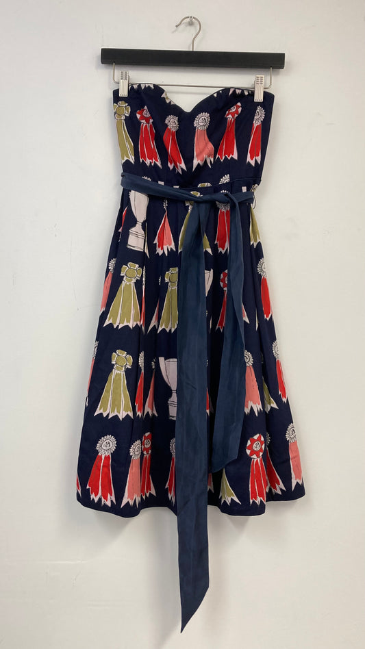 Strapless Navy Blue Ribbon Print Midi Dress