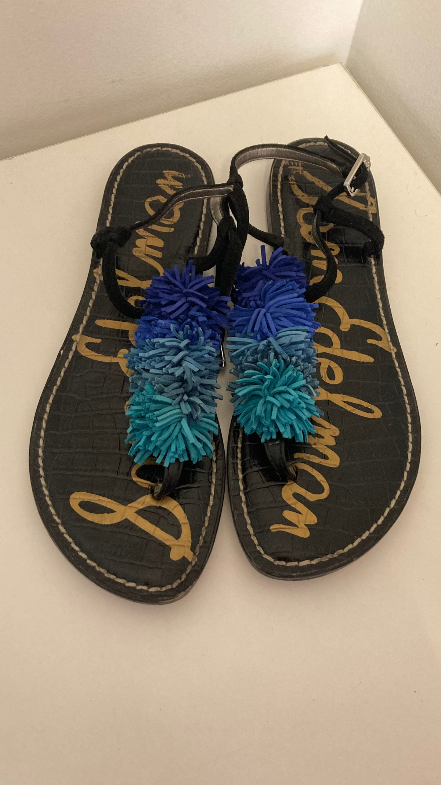 Black Sandals With Blue Fringe