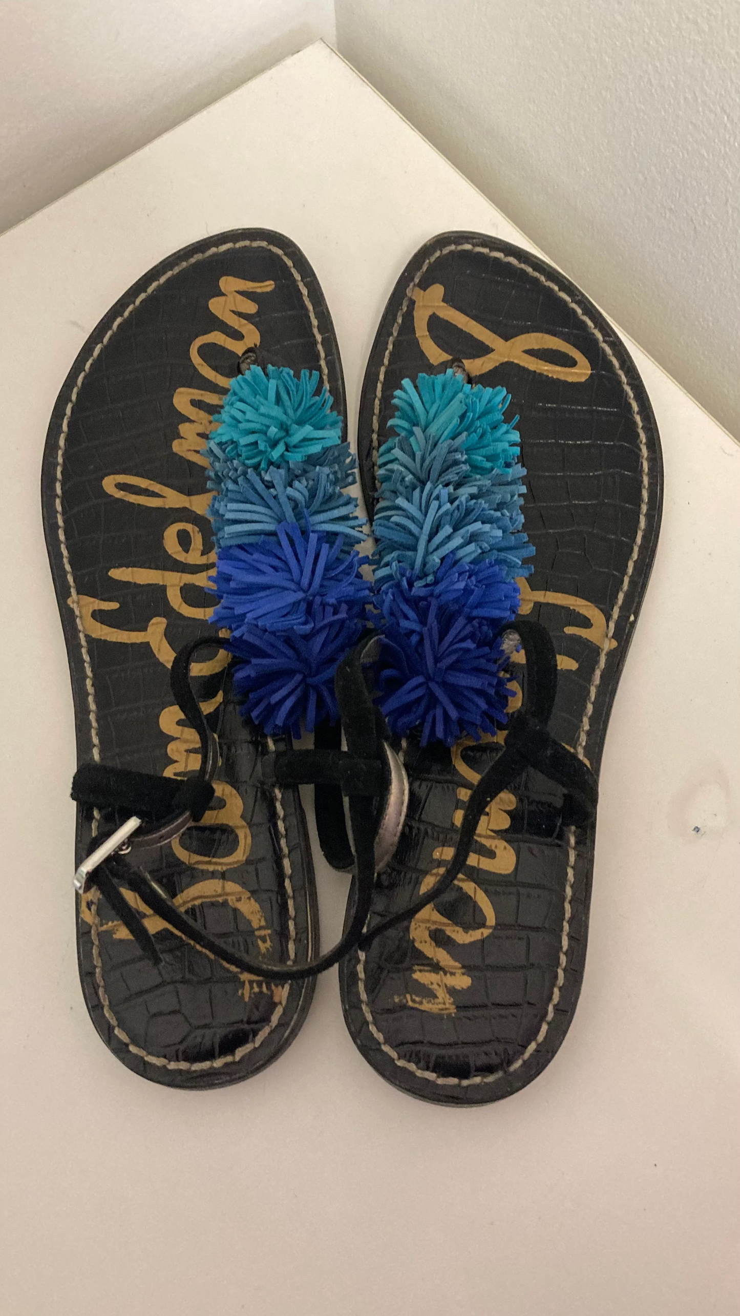 Black Sandals With Blue Fringe