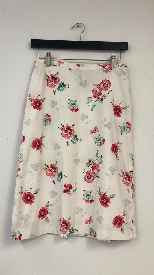 White Floral Print A-line Midi Skirt