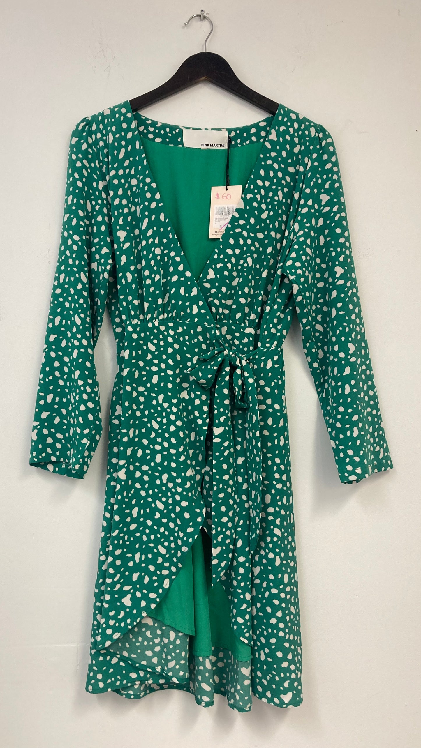 New Green Patterned Long Sleeve Wrap Dress