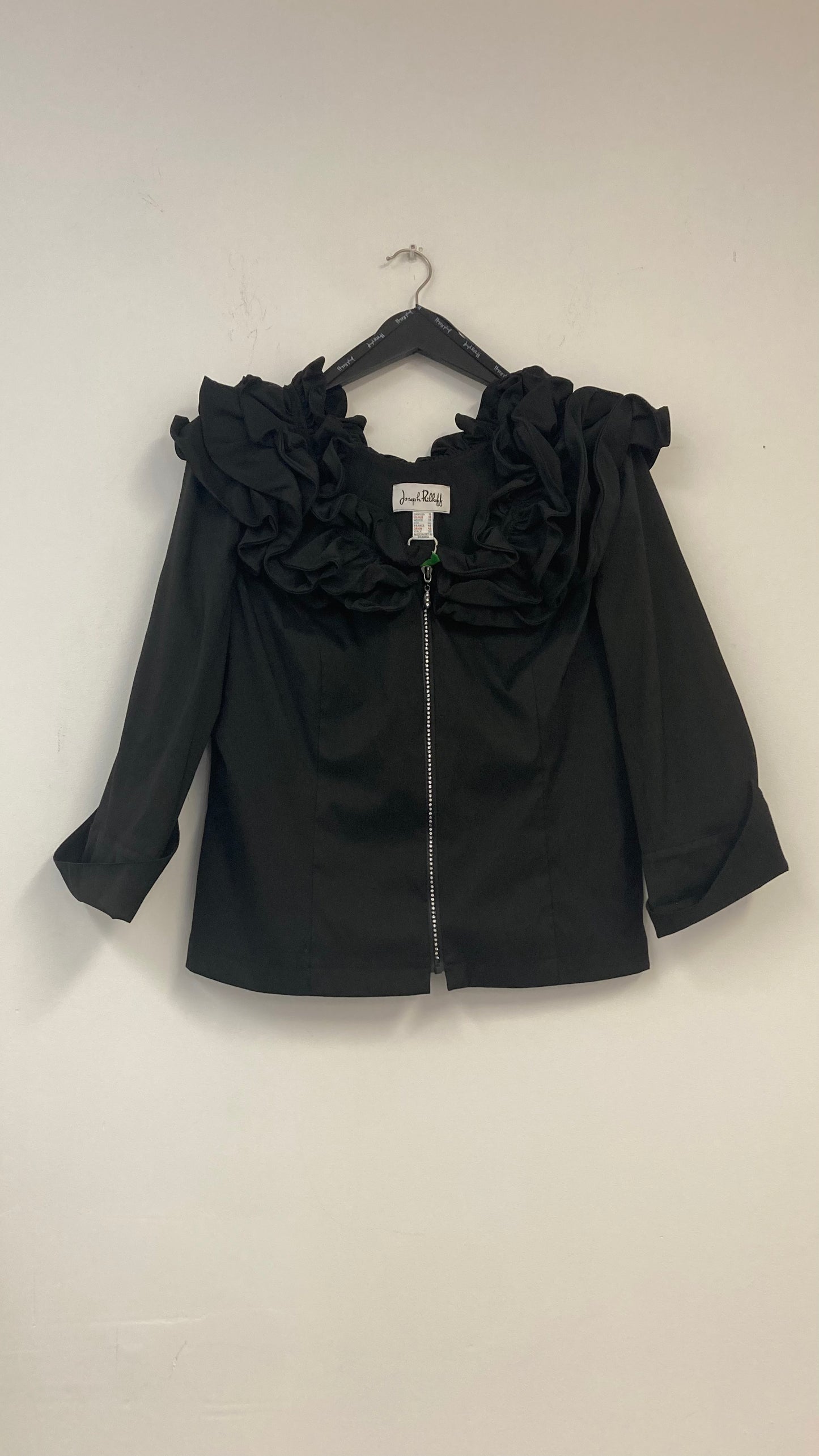 Ruffled Collar Black Zip Up Overcoat with Bejewled Zipper