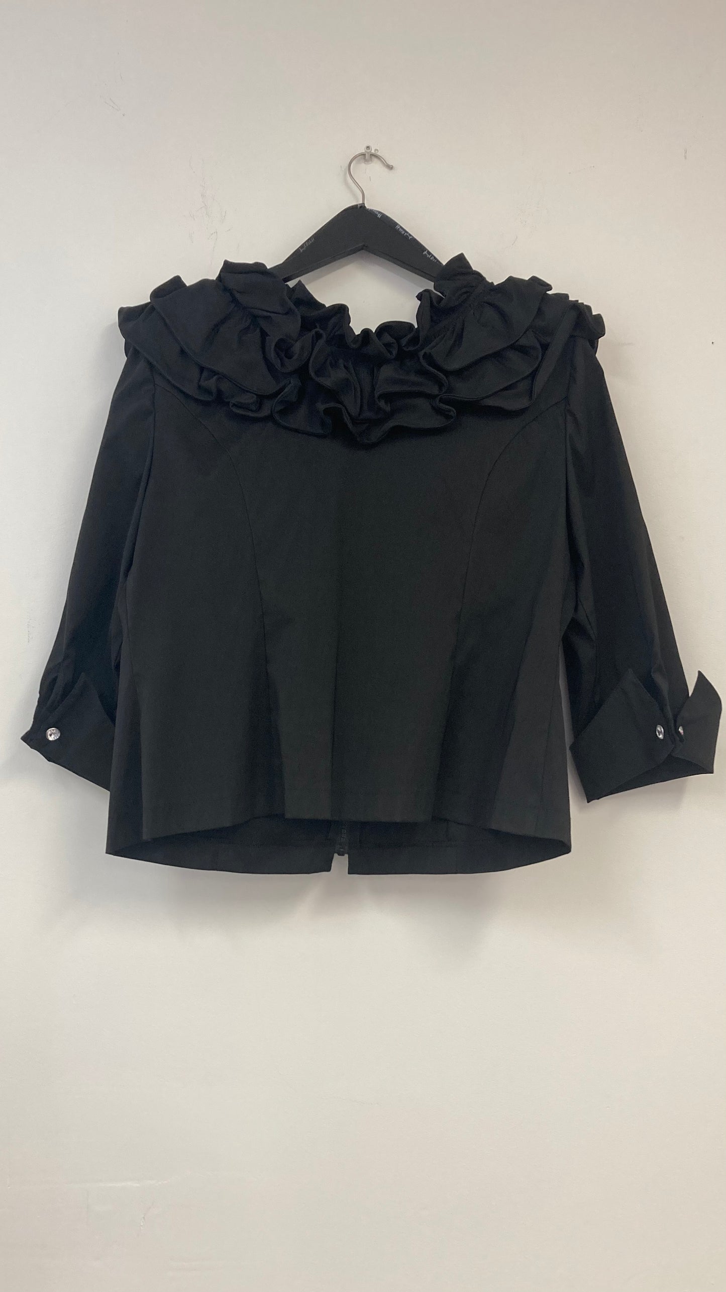 Ruffled Collar Black Zip Up Overcoat with Bejewled Zipper
