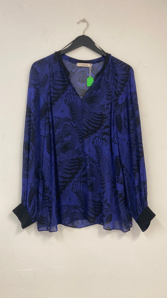 Blue and Black Print Long Sleeve Blouse