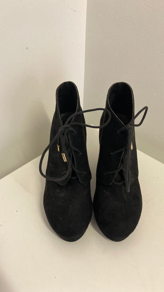 Black Faux Suede Wedge Booties With Gold Accents