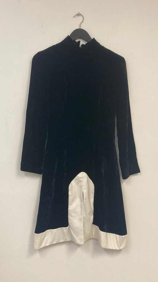 Black Velour Turtleneck Midi Dress with White Trim