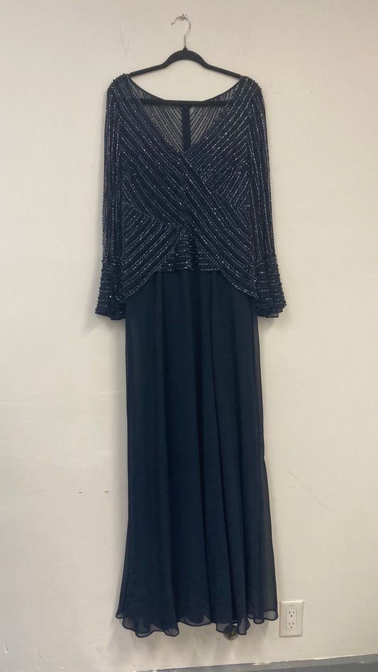 Navy Blue Sheer Sequined Maxi Dress With Flowy Sleeves