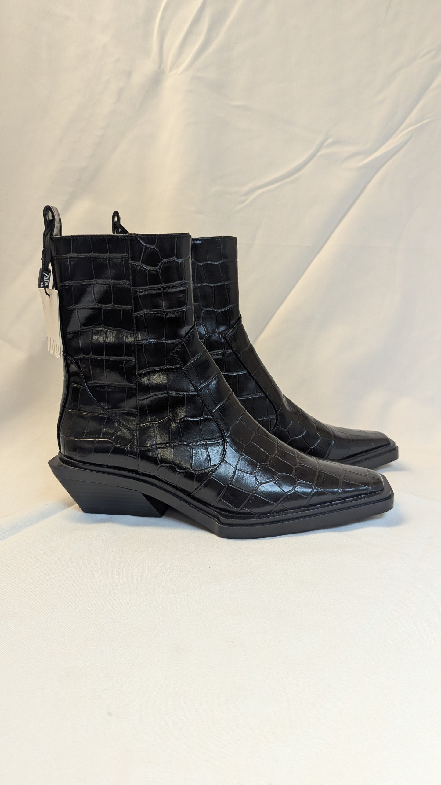 Zara black crocodile embossed ankle boots