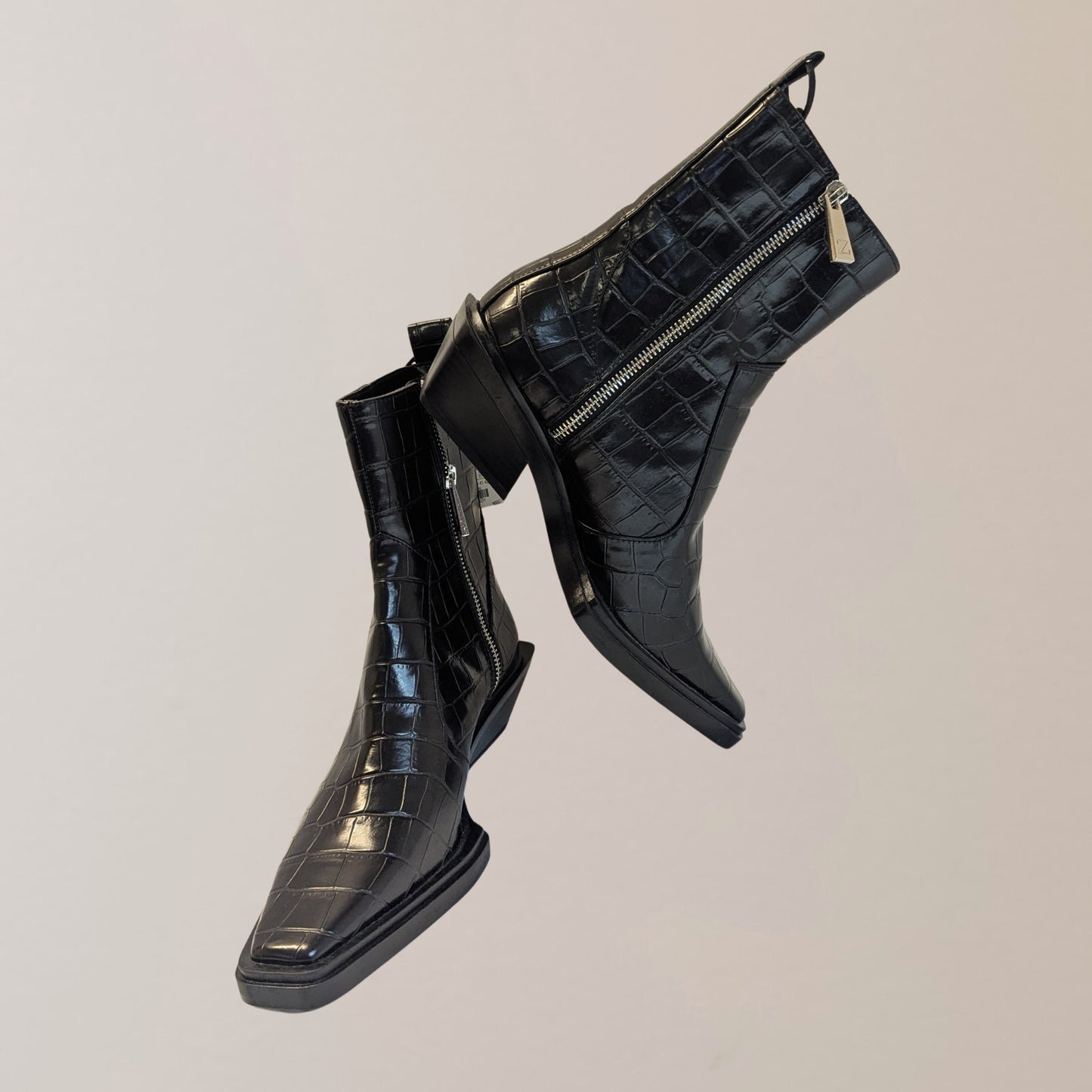 Zara black crocodile embossed ankle boots