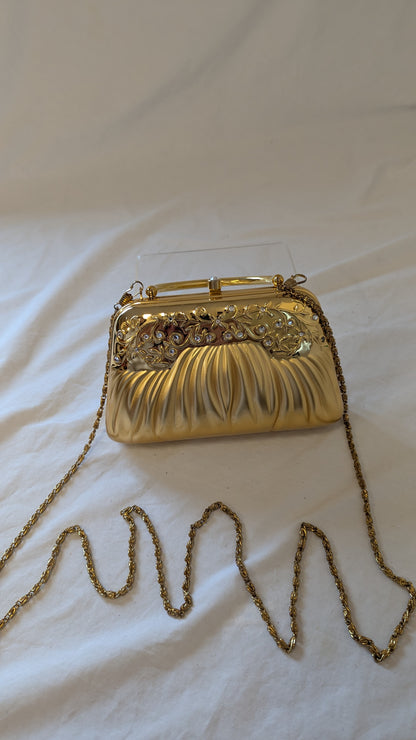 Gold Floral Rhinestone Evening Clutch Bag