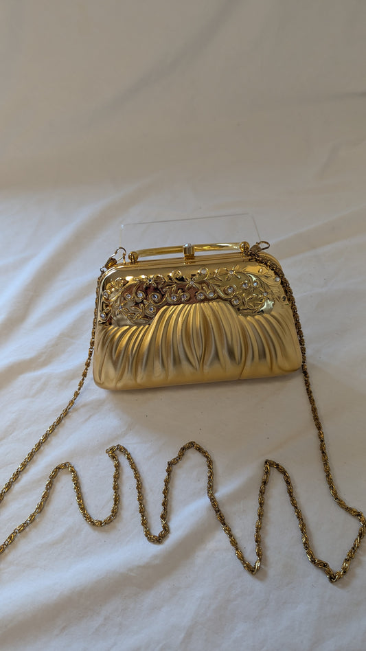 Gold Floral Rhinestone Evening Clutch Bag