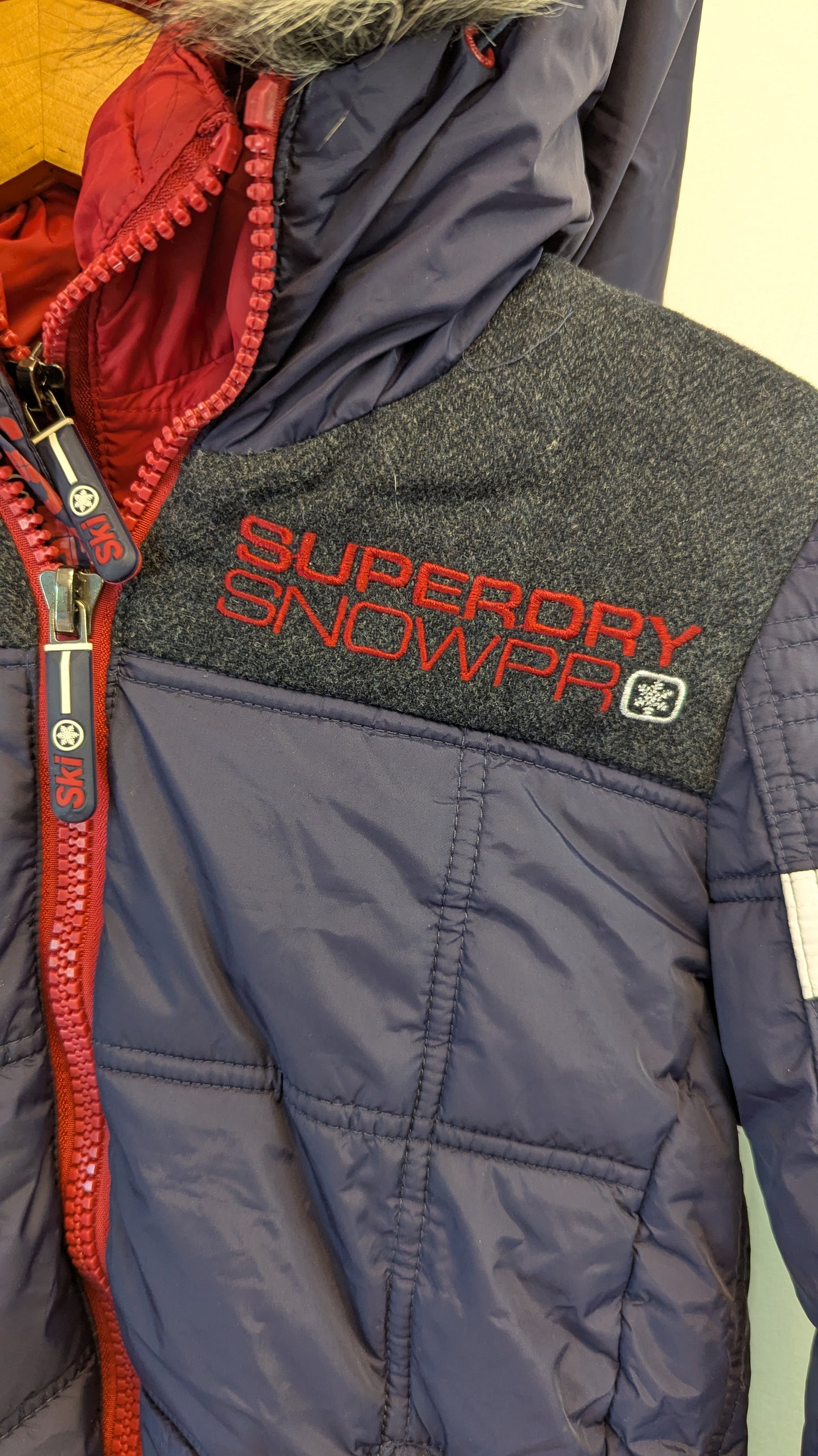 Superdry Snow Pro Navy Puffer Ski Jacket Faux Fur Hood