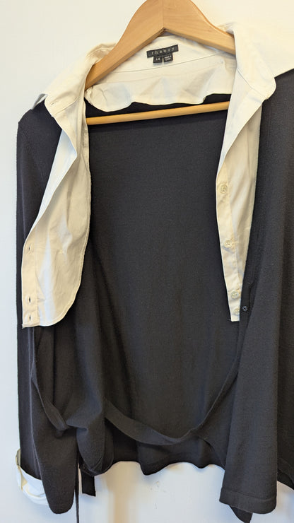Theory black white faux shirt wrap top L/G