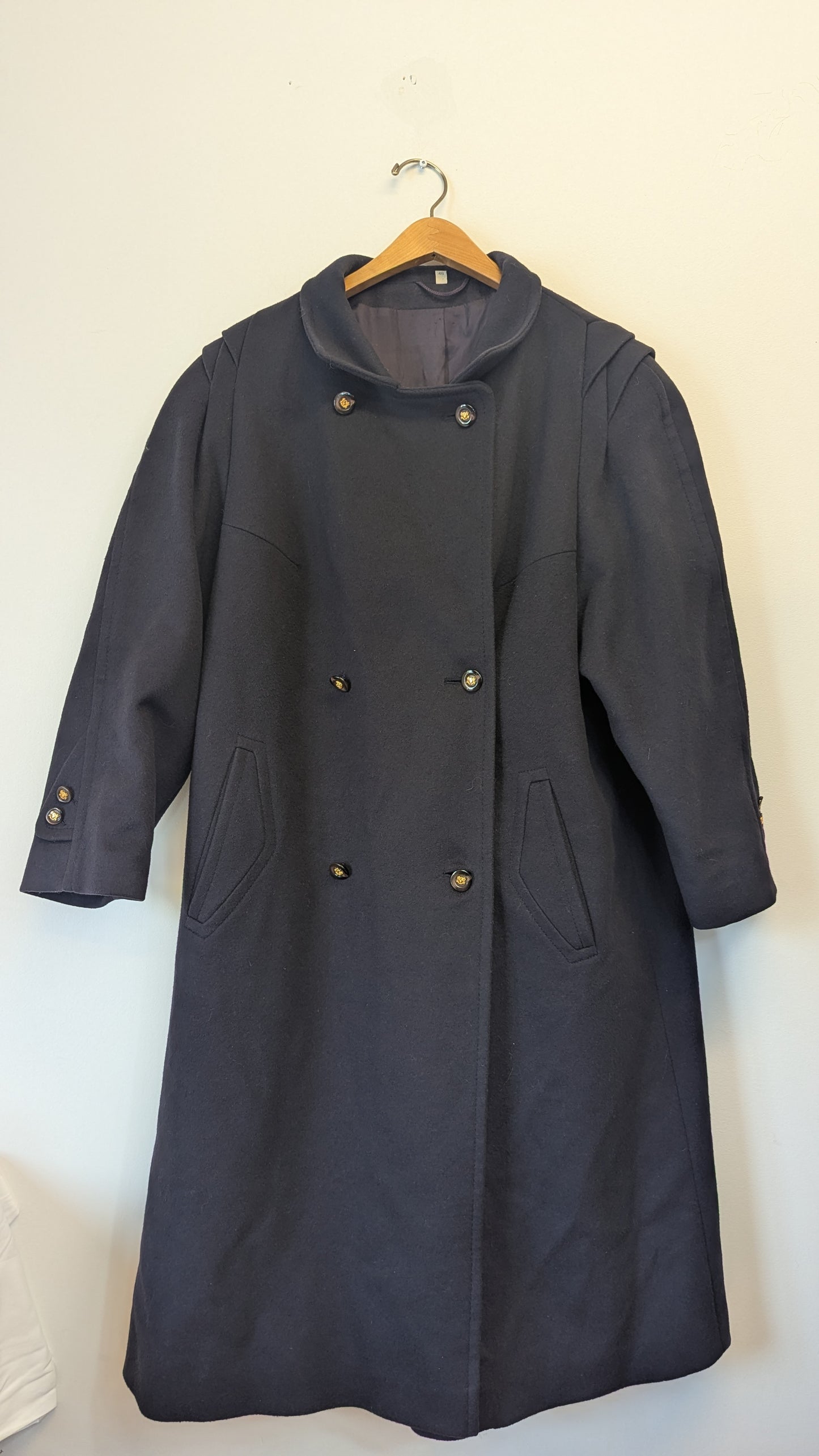 Navy Blue Double-Breasted Wool Coat Size 48