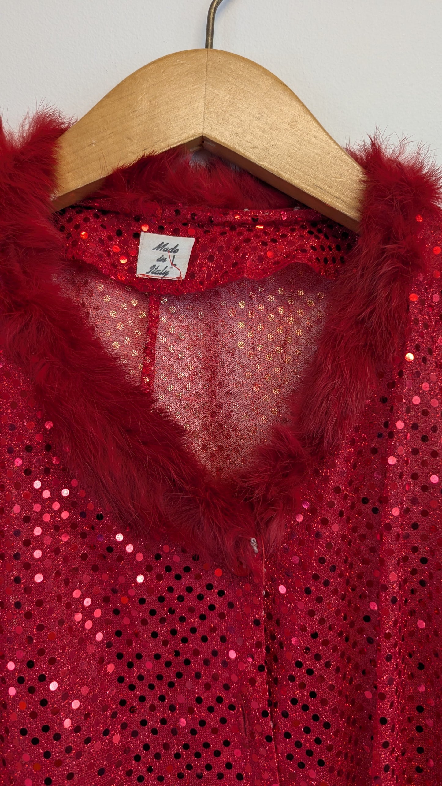 Vintage Red Sequin Faux Fur Trim Cardigan