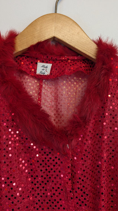 Vintage Red Sequin Faux Fur Trim Cardigan
