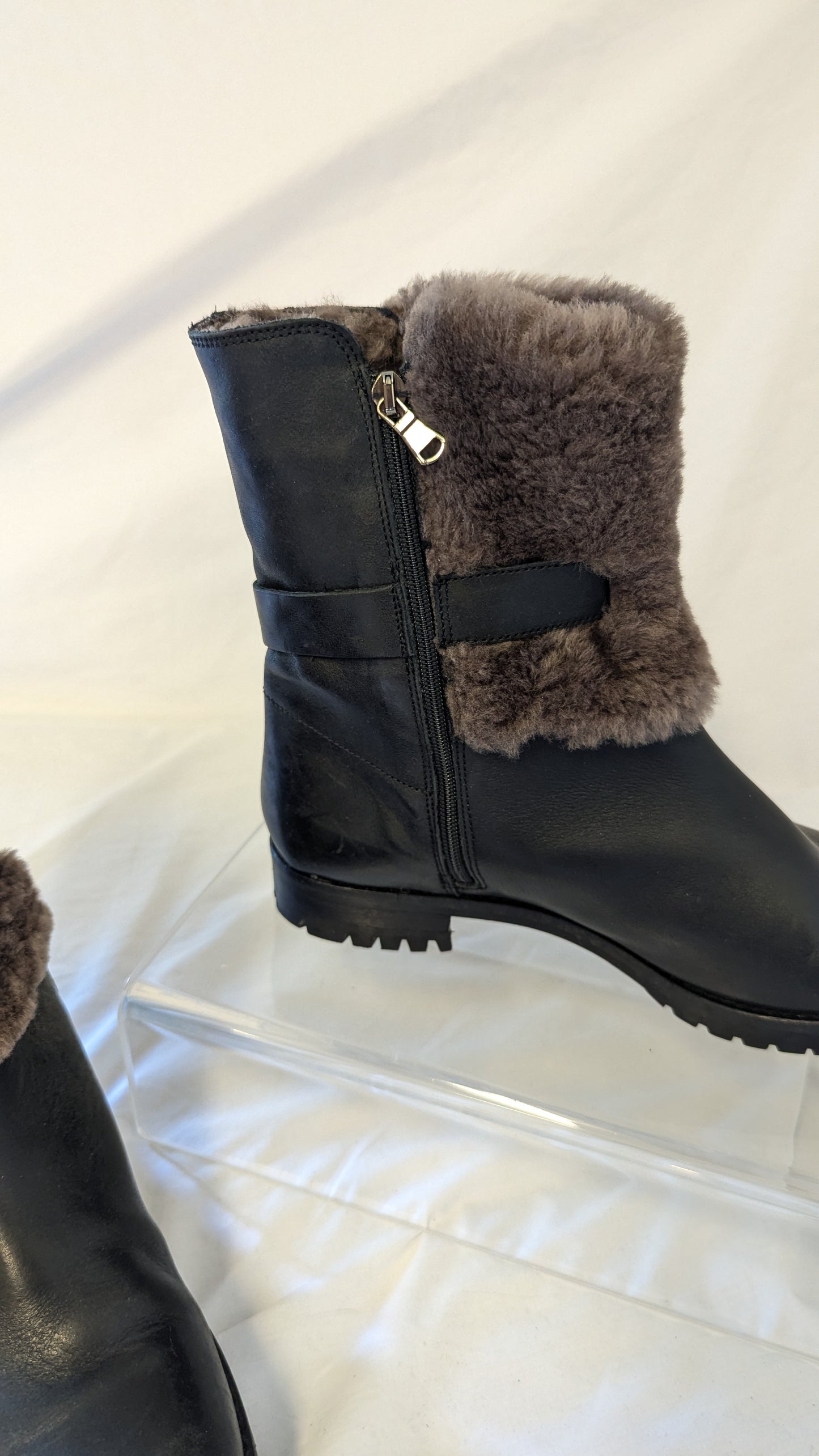 Fabianolli Black Ankle Boots with Faux Fur Lining and Buckle Detail