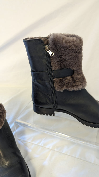 Fabianolli Black Ankle Boots with Faux Fur Lining and Buckle Detail