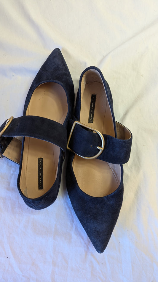 Liviana Conti Navy Blue Suede Mary Jane Flats Buckle, Size 7