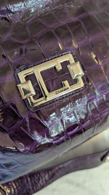 Chenson Purple Croc-Embossed Patent Leather Handbag