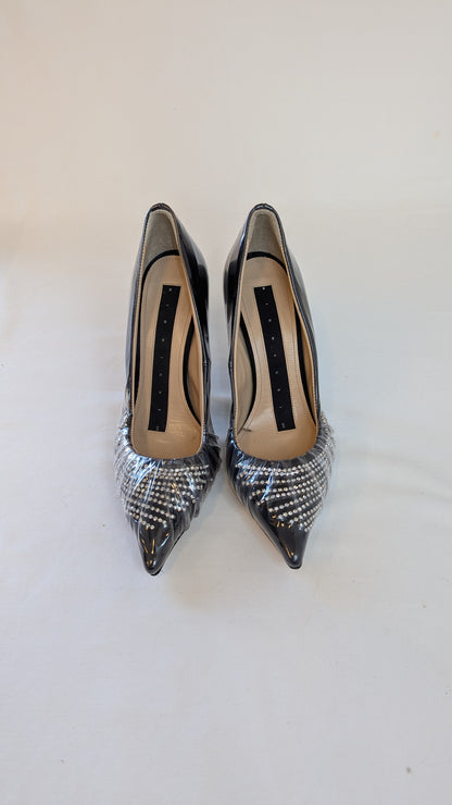 Midnight 00 Black Patent Crystal Pointed Toe Pumps Size 37.5