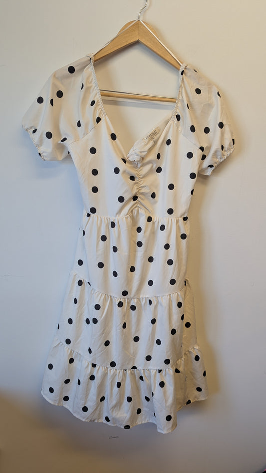 MORRISDAY THE LABEL Polka Dot Cutout Tie Back Tiered Dress L