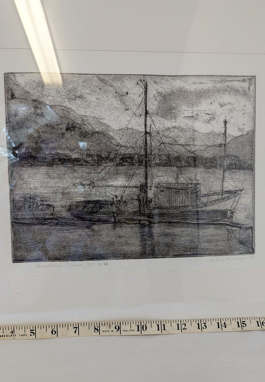 Vintage E. Jesse Herschoff Etching Print Harbour Tofino BC Framed; Numbered and Signed