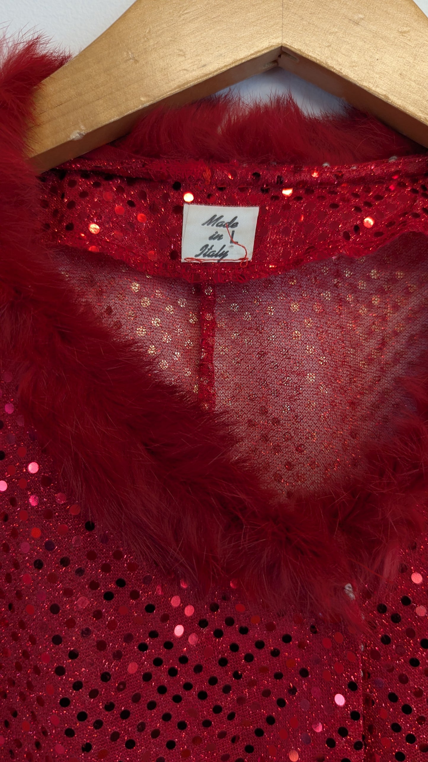 Vintage Red Sequin Faux Fur Trim Cardigan
