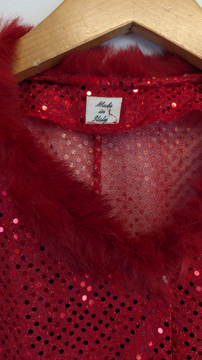 Vintage Red Sequin Faux Fur Trim Cardigan