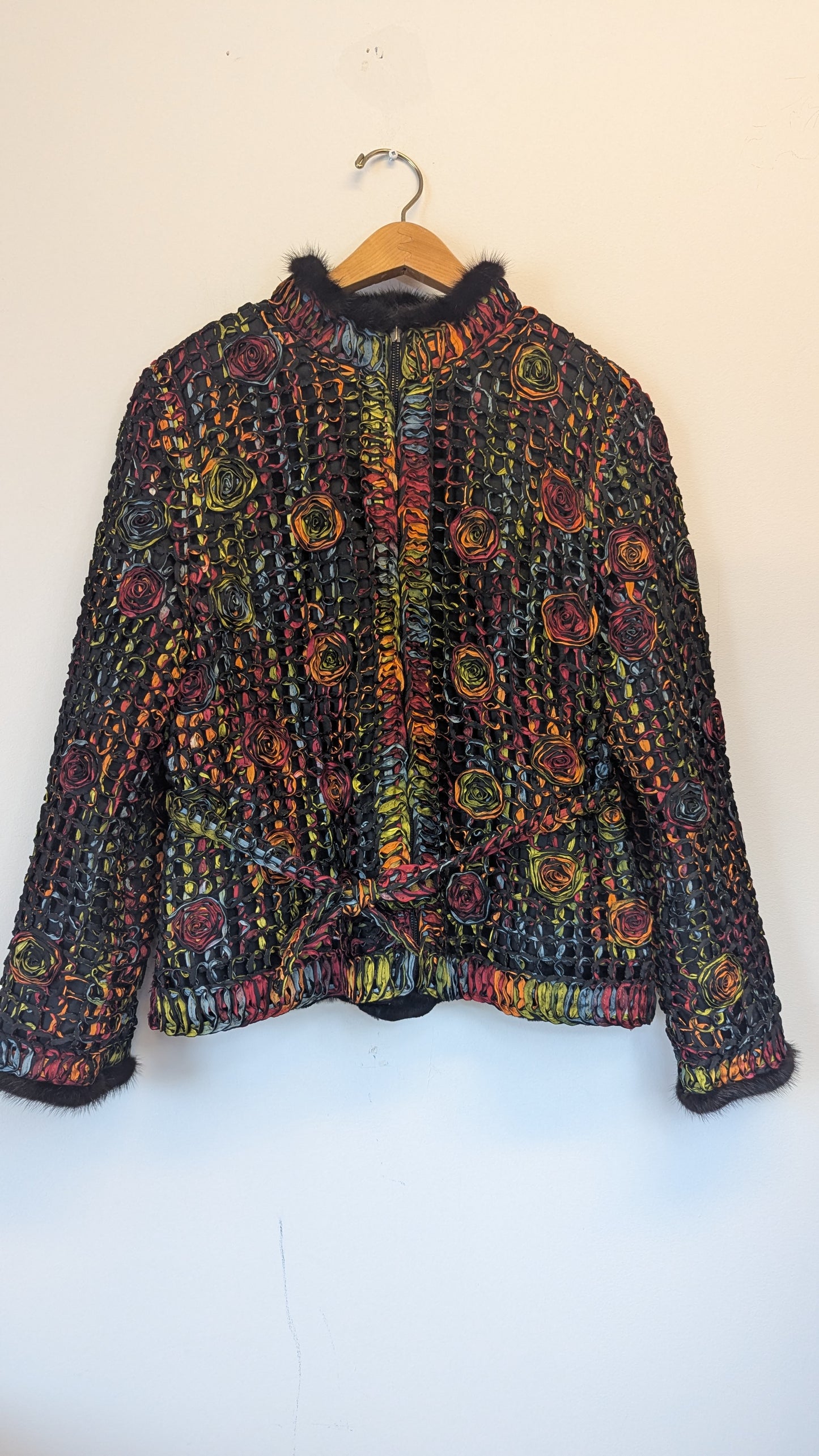 Floral Lattice Fur-Trimmed Jacket around size M